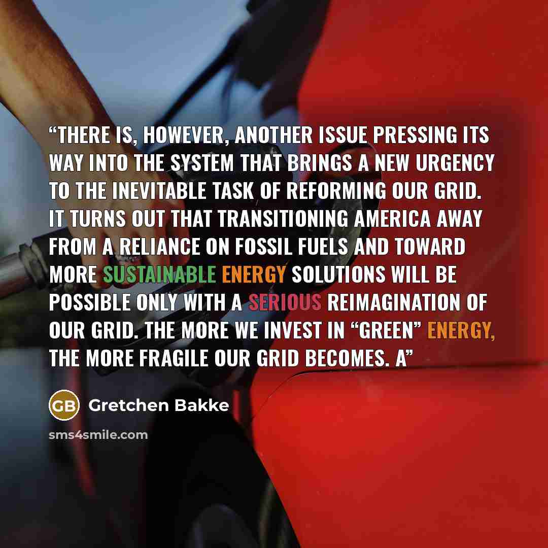 “There is, however, another issue pressing its way into the system that brings a new urgency to the inevitable task of reforming our grid. It turns out that transitioning America away from a reliance on fossil fuels and toward more sustainable energy solutions will be possible only with a serious…” quote by Gretchen Bakke