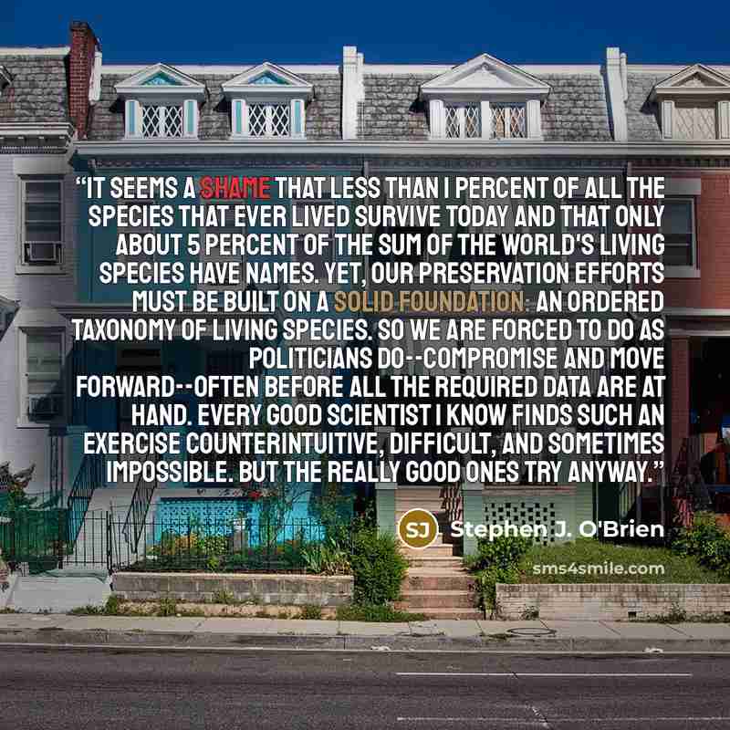“It seems a shame that less than 1 percent of all the species that ever lived survive today and that only about 5 percent of the sum of the world's living species have names. Yet, our preservation efforts must be built on a solid foundation: an ordered taxonomy of living species. So we are forced…” quote by Stephen J. O'Brien