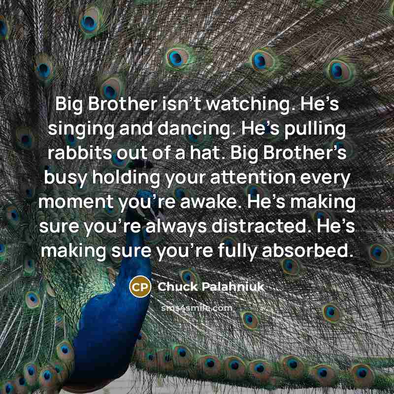 “Big Brother isn’t watching. He’s singing and dancing. He’s pulling…” quote by Chuck Palahniuk