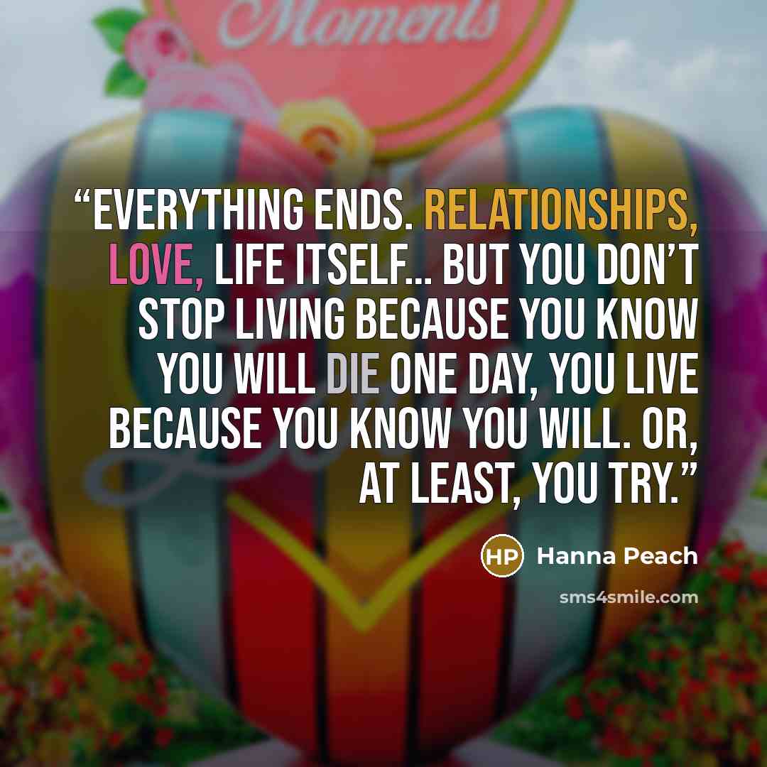 “Everything ends. Relationships, love, life itself… But you don’t stop living because you know you will die one day, you live because you know you will. Or, at least, you try.” quote by Hanna Peach