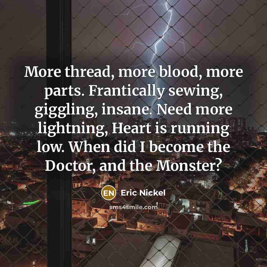 “More thread, more blood, more parts. Frantically sewing, giggling, insane.…” quote by Eric Nickel
