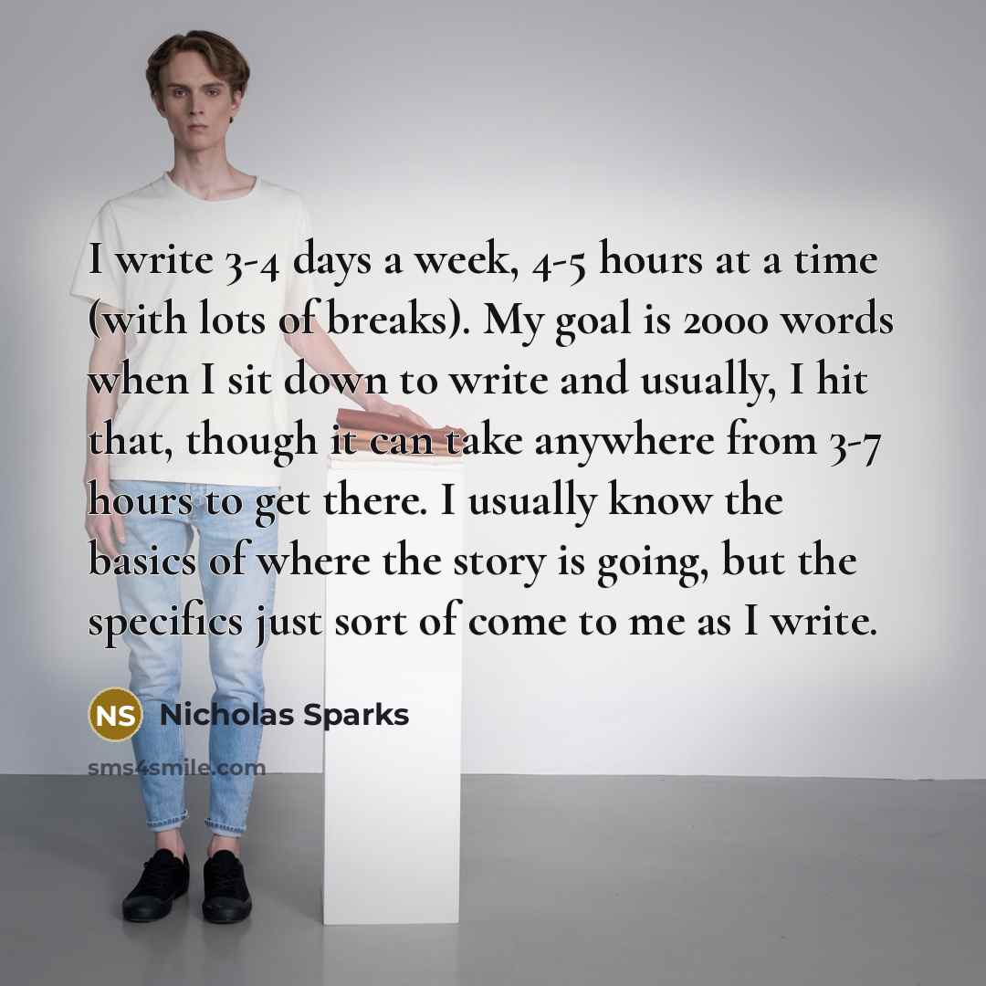 “I write 3-4 days a week, 4-5 hours at a…” quote by Nicholas Sparks