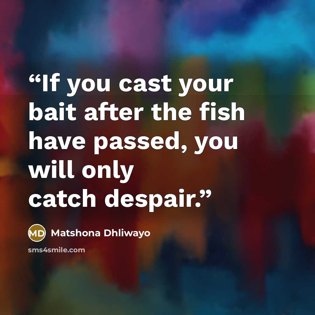 “If you cast your bait after the fish have passed, you will only catch despair.” quote by Matshona Dhliwayo
