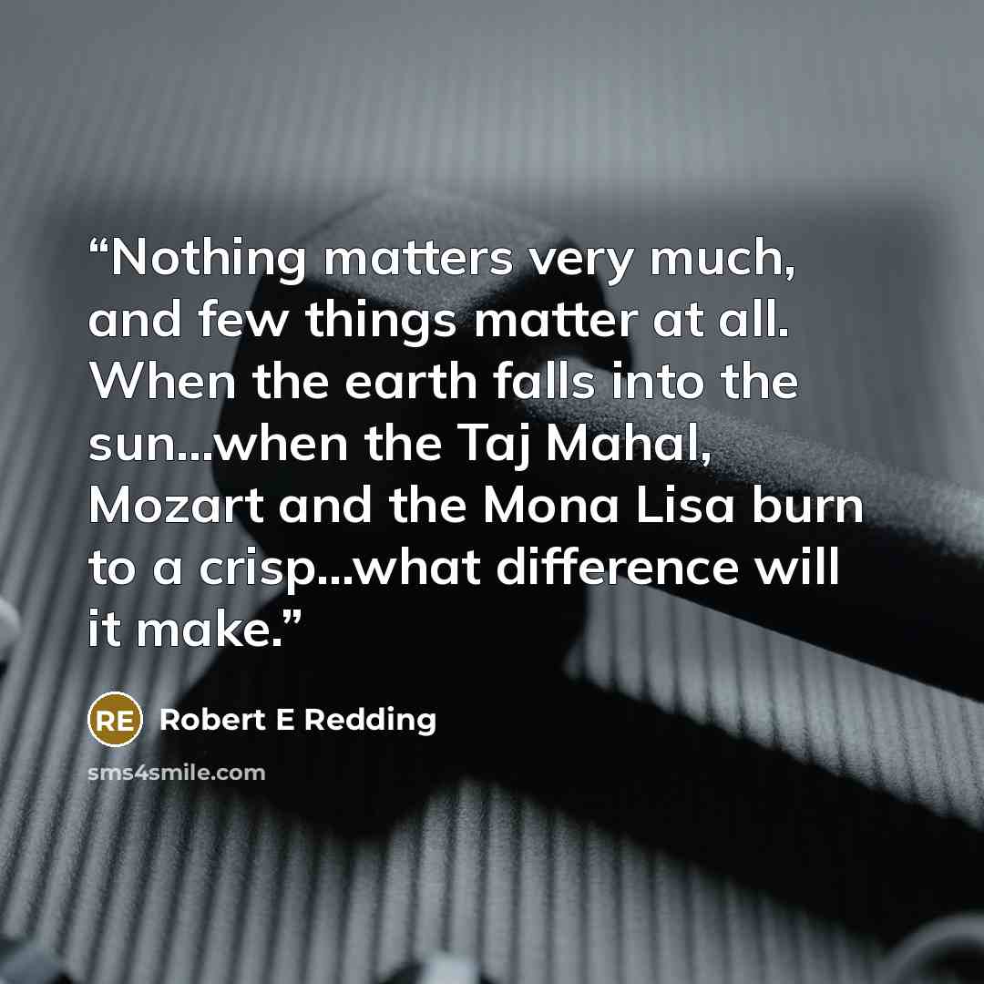 “Nothing matters very much, and few things matter at all. When the earth falls into the sun...when the Taj Mahal, Mozart and the Mona Lisa burn to a crisp...what difference will it make.” quote by Robert E Redding