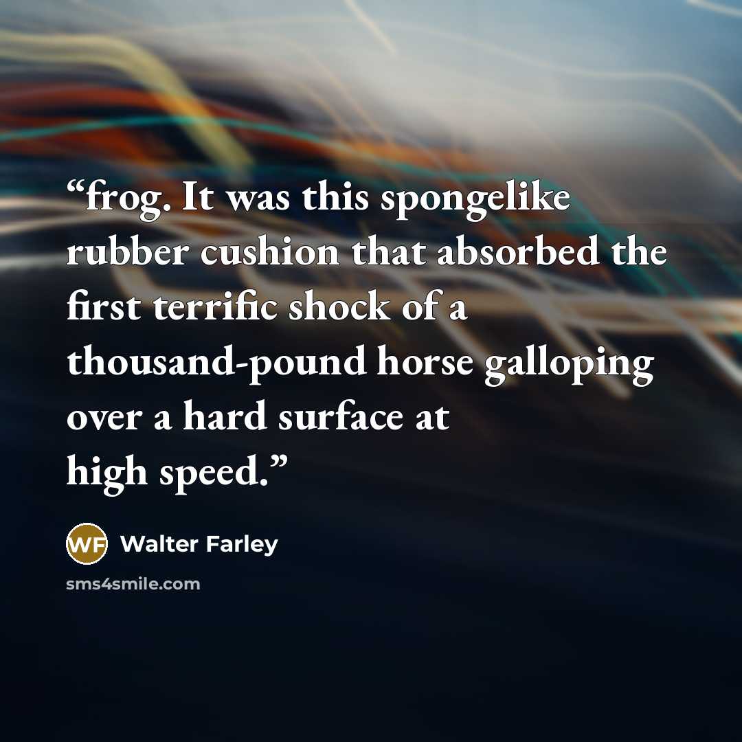 “frog. It was this spongelike rubber cushion that absorbed the first terrific shock of a thousand-pound horse galloping over a hard surface at high speed.” quote by Walter Farley