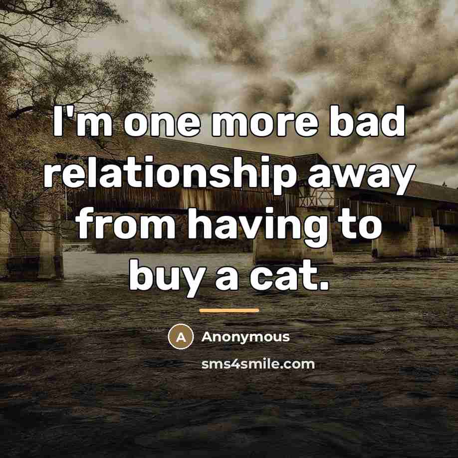 “I'm one more bad relationship away from having to buy…” quote by Anonymous
