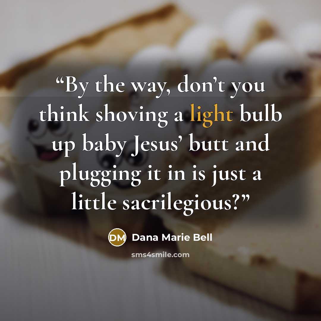 “By the way, don’t you think shoving a light bulb up baby Jesus’ butt and plugging it in is just a little sacrilegious?” quote by Dana Marie Bell