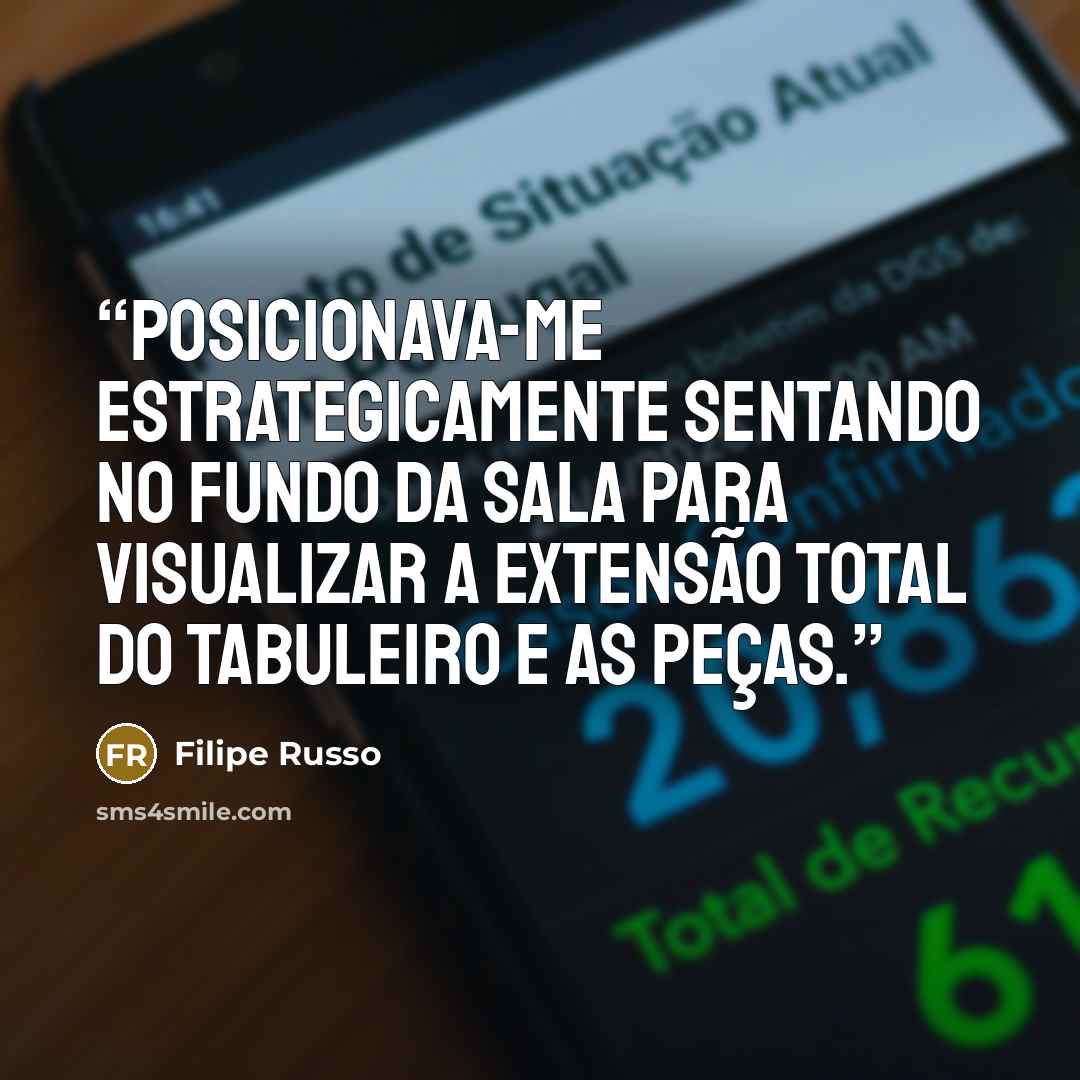 “Posicionava-me estrategicamente sentando no fundo da sala para visualizar a extensão total do tabuleiro e as peças.” quote by Filipe Russo