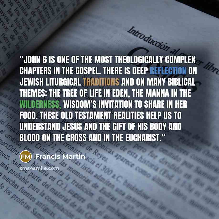“John 6 is one of the most theologically complex chapters in the Gospel. There is deep reflection on Jewish liturgical traditions and on many biblical themes: the tree of life in Eden, the manna in the wilderness, Wisdom’s invitation to share in her food. These Old Testament realities help us to…” quote by Francis Martin