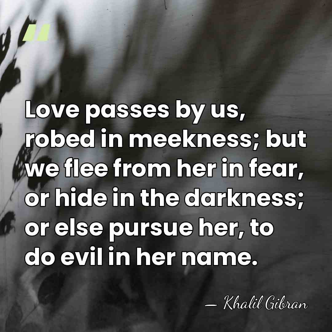 Love passes by us, robed in meekness; but we flee from her&hellip; - Khalil Gibran
