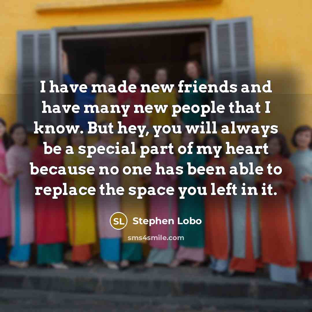 “I have made new friends and have many new people that I know. But hey, you will always be a special part of my heart because no one has been able to replace the space you left in it.” quote by Stephen Lobo