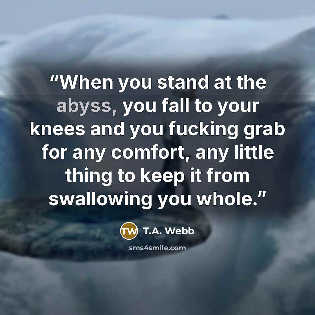“When you stand at the abyss, you fall to your knees and you fucking grab for any comfort, any little thing to keep it from swallowing you whole.” quote by T.A. Webb