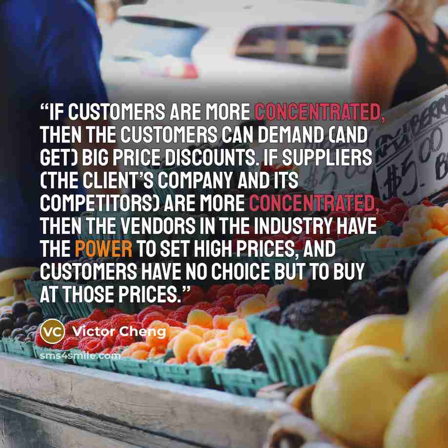 “If customers are more concentrated, then the customers can demand (and get) big price discounts. If suppliers (the client’s company and its competitors) are more concentrated, then the vendors in the industry have the power to set high prices, and customers have no choice but to buy at those prices.” quote by Victor Cheng