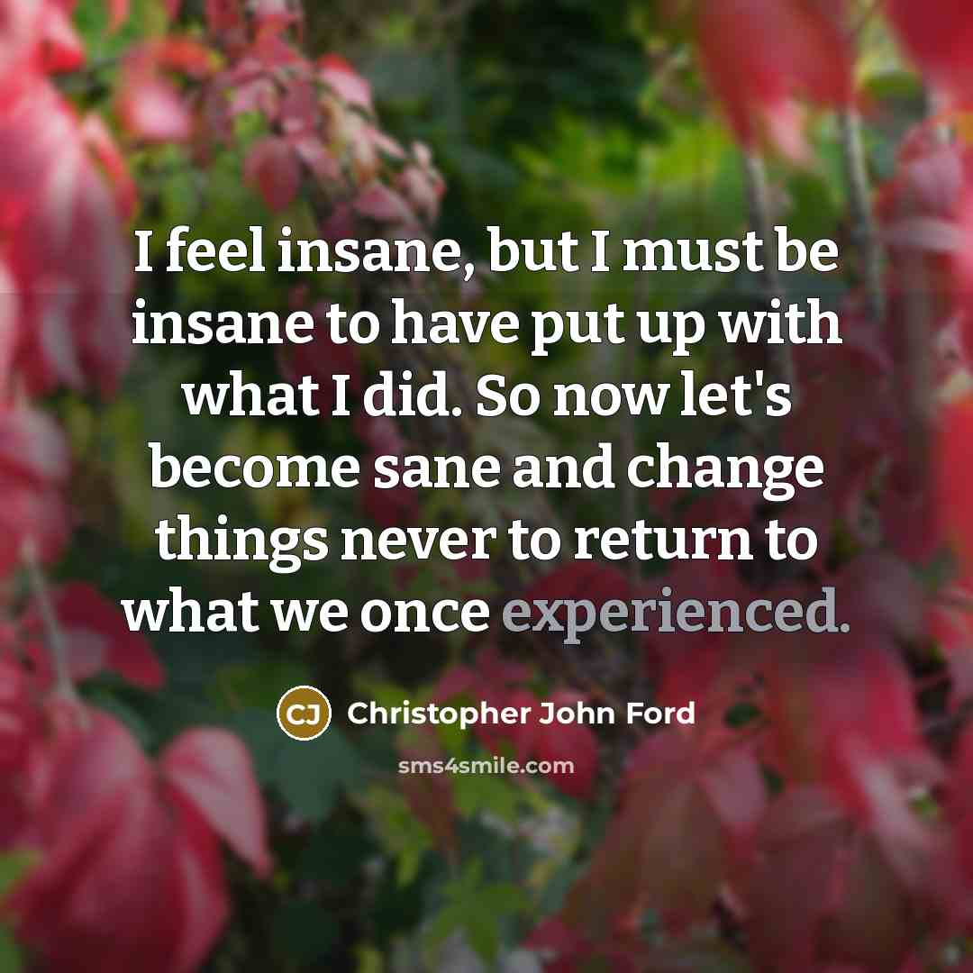 “I feel insane, but I must be insane to have…” quote by Christopher John Ford