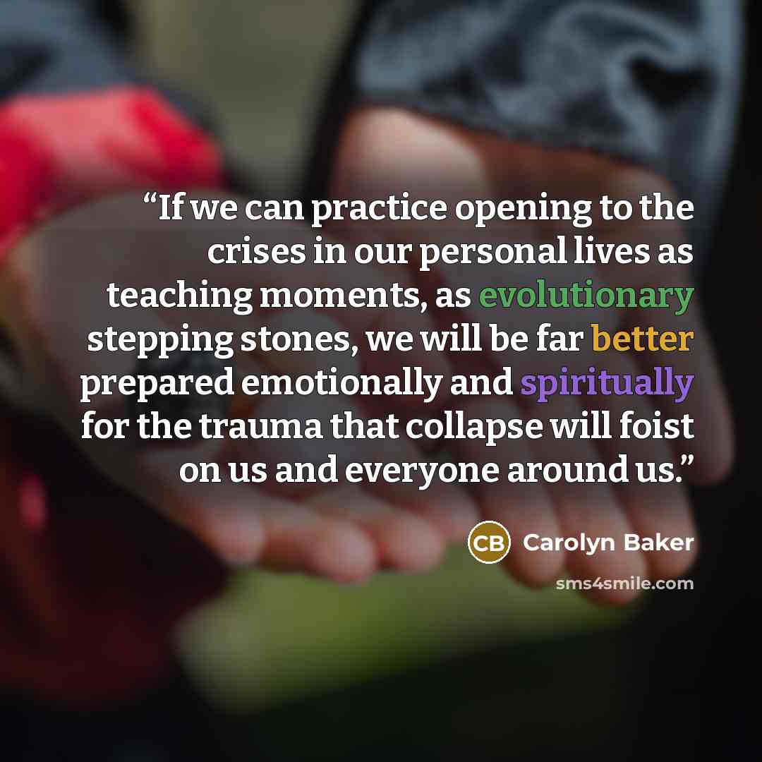 “If we can practice opening to the crises in our personal lives as teaching moments, as evolutionary stepping stones, we will be far better prepared emotionally and spiritually for the trauma that collapse will foist on us and everyone around us.” quote by Carolyn Baker