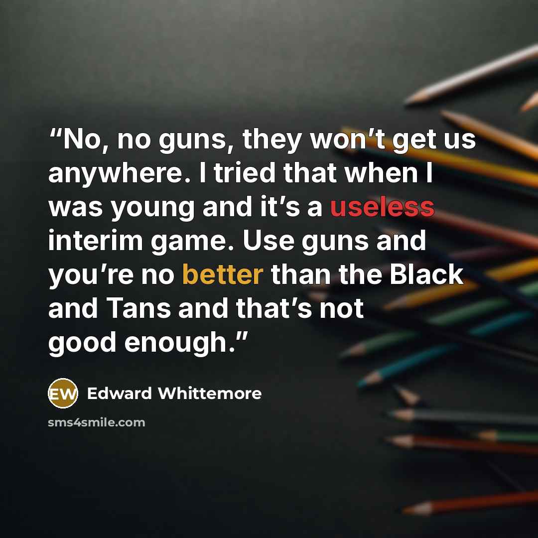 “No, no guns, they won’t get us anywhere. I tried that when I was young and it’s a useless interim game. Use guns and you’re no better than the Black and Tans and that’s not good enough.” quote by Edward Whittemore