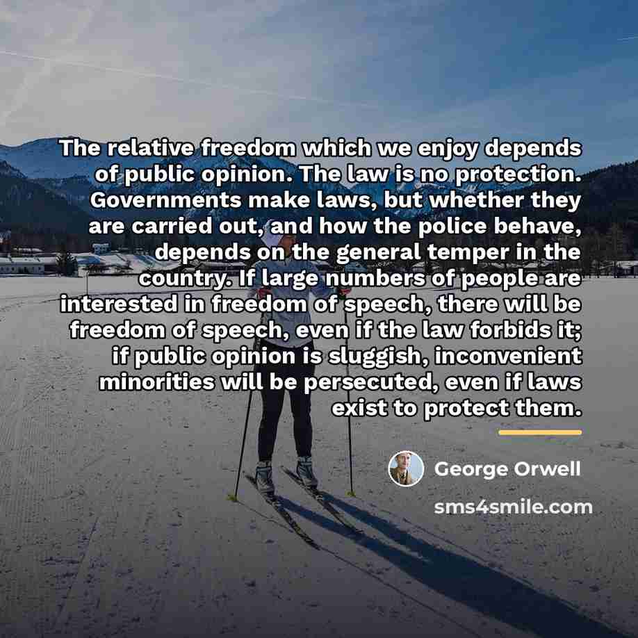 “The relative freedom which we enjoy depends of public opinion.…” quote by George Orwell