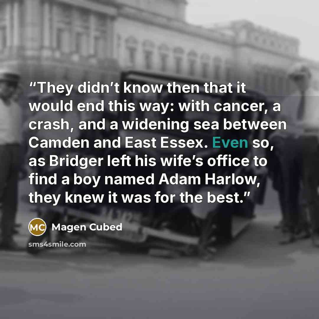 “They didn’t know then that it would end this way: with cancer, a crash, and a widening sea between Camden and East Essex. Even so, as Bridger left his wife’s office to find a boy named Adam Harlow, they knew it was for the best.” quote by Magen Cubed
