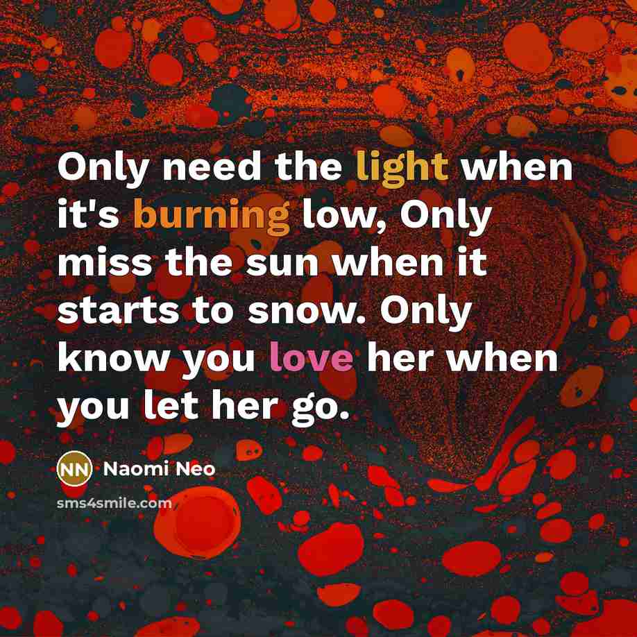 “Only need the light when it's burning low, Only miss the sun when it starts to snow. Only know you love her when you let her go.” quote by Naomi Neo