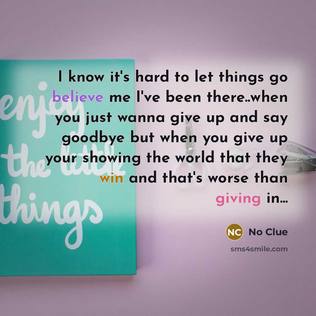 “I know it's hard to let things go believe me I've been there..when you just wanna give up and say goodbye but when you give up your showing the world that they win and that's worse than giving in...” quote by No Clue