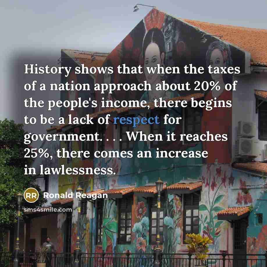 “History shows that when the taxes of a nation approach…” quote by Ronald Reagan