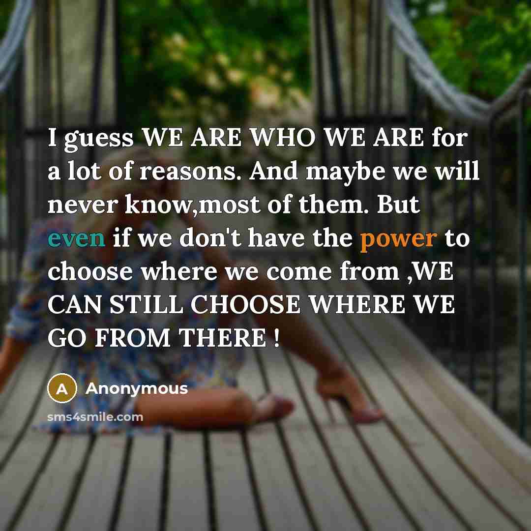 “I guess WE ARE WHO WE ARE for a lot of reasons. And maybe we will never know,most of them. But even if we don't have the power to choose where we come from ,WE CAN STILL CHOOSE WHERE WE GO FROM THERE !” quote by Anonymous
