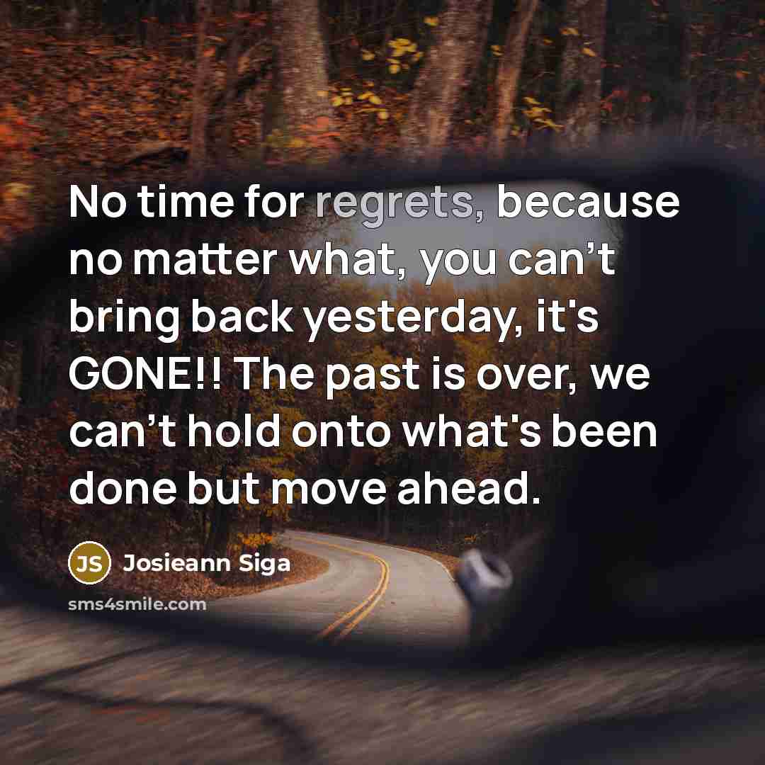 “No time for regrets, because no matter what, you can't bring back yesterday, it's GONE!! The past is over, we can't hold onto what's been done but move ahead.” quote by Josieann Siga