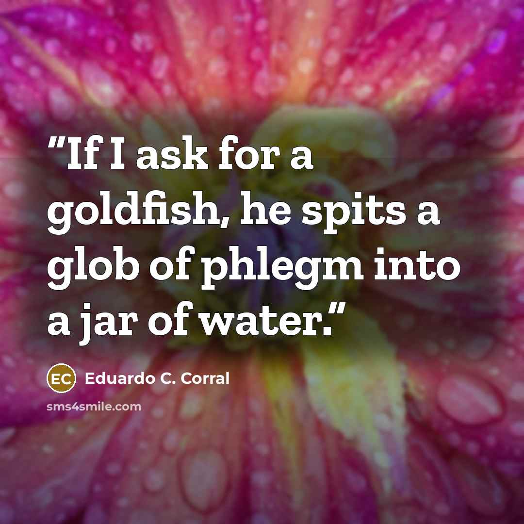 “If I ask for a goldfish, he spits a glob of phlegm into a jar of water.” quote by Eduardo C. Corral