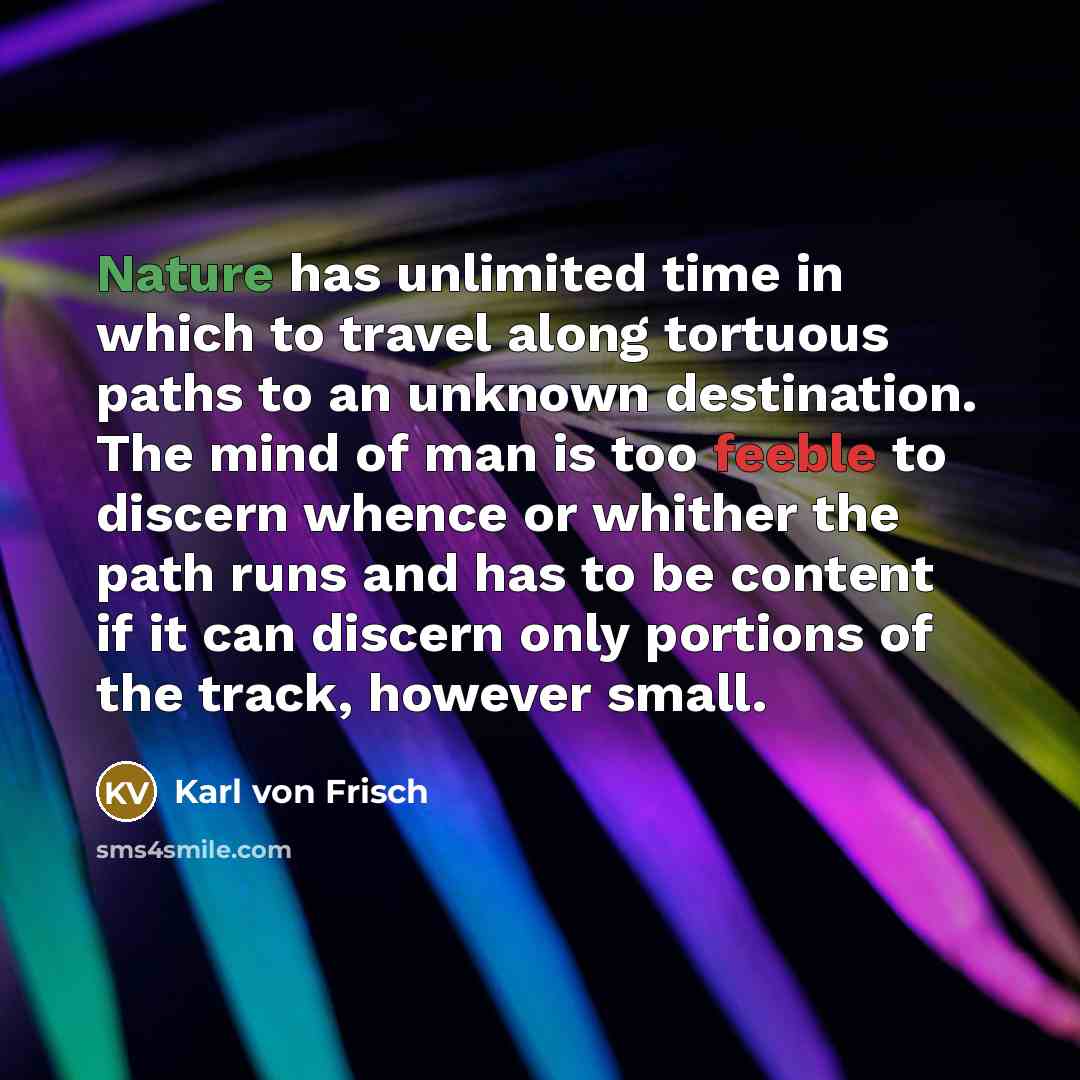 “Nature has unlimited time in which to travel along tortuous…” quote by Karl von Frisch