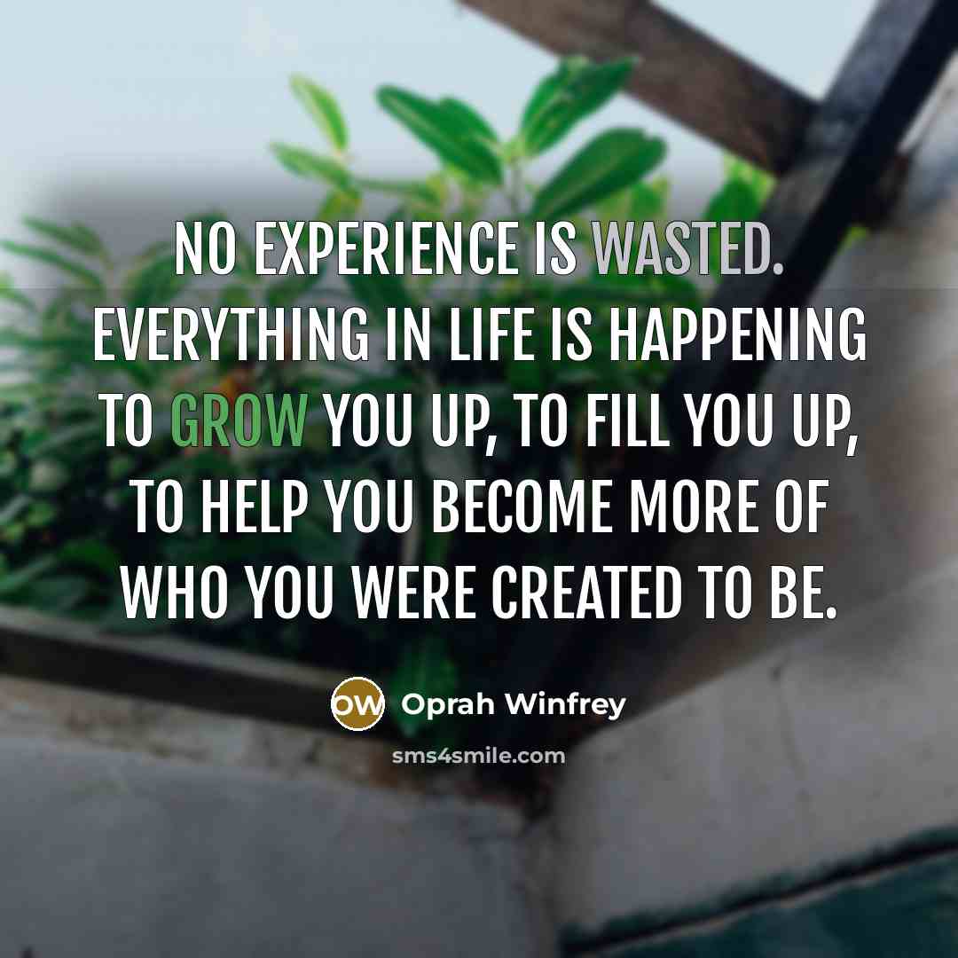 “No experience is wasted. Everything in life is happening to grow you up, to fill you up, to help you become more of who you were created to be.” quote by Oprah Winfrey