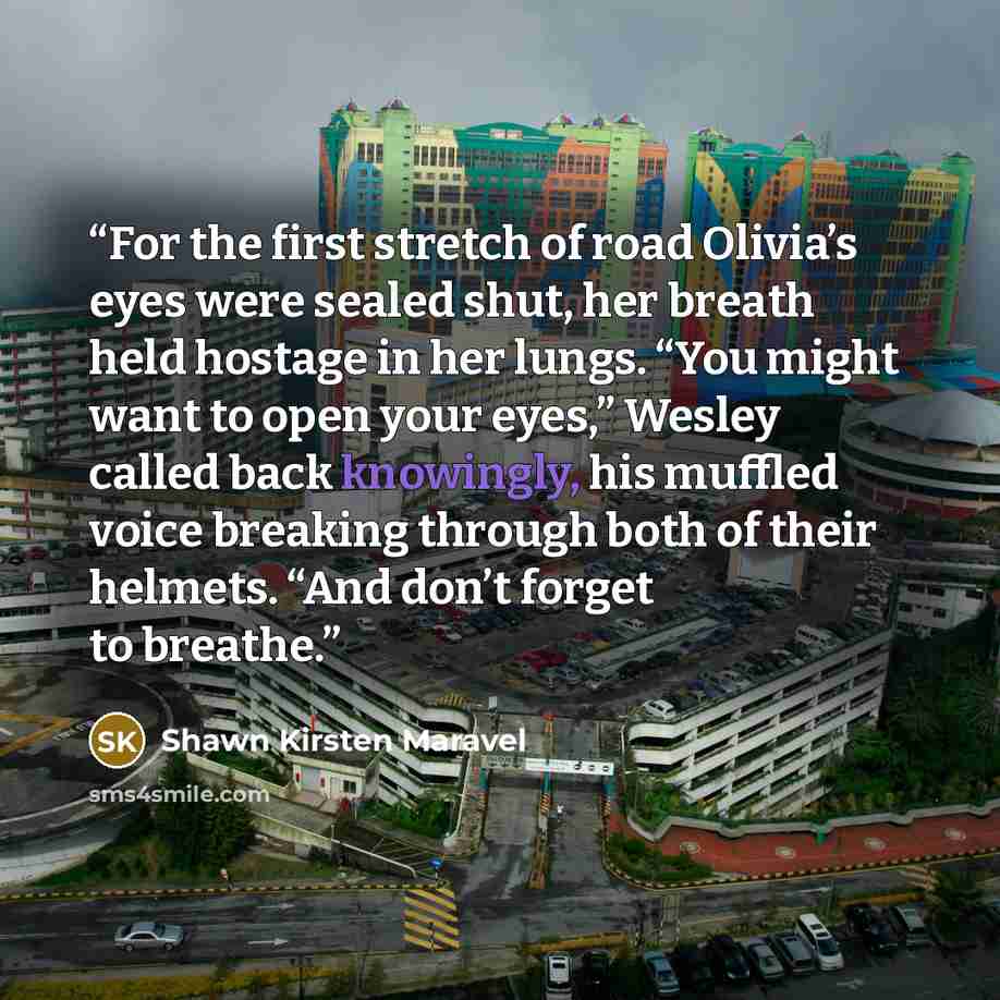 “For the first stretch of road Olivia’s eyes were sealed shut, her breath held hostage in her lungs. “You might want to open your eyes,” Wesley called back knowingly, his muffled voice breaking through both of their helmets. “And don’t forget to breathe.” quote by Shawn Kirsten Maravel