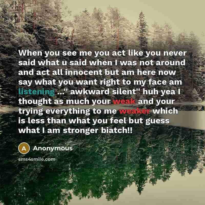 “When you see me you act like you never said what u said when I was not around and act all innocent but am here now say what you want right to my face am listening ...'' awkward silent'' huh yea I thought as much your weak and your trying everything to me weaker which is less than what you feel but…” quote by Anonymous