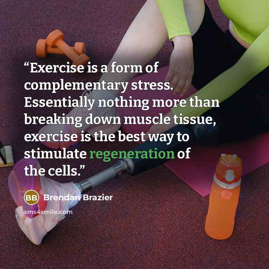 “Exercise is a form of complementary stress. Essentially nothing more than breaking down muscle tissue, exercise is the best way to stimulate regeneration of the cells.” quote by Brendan Brazier