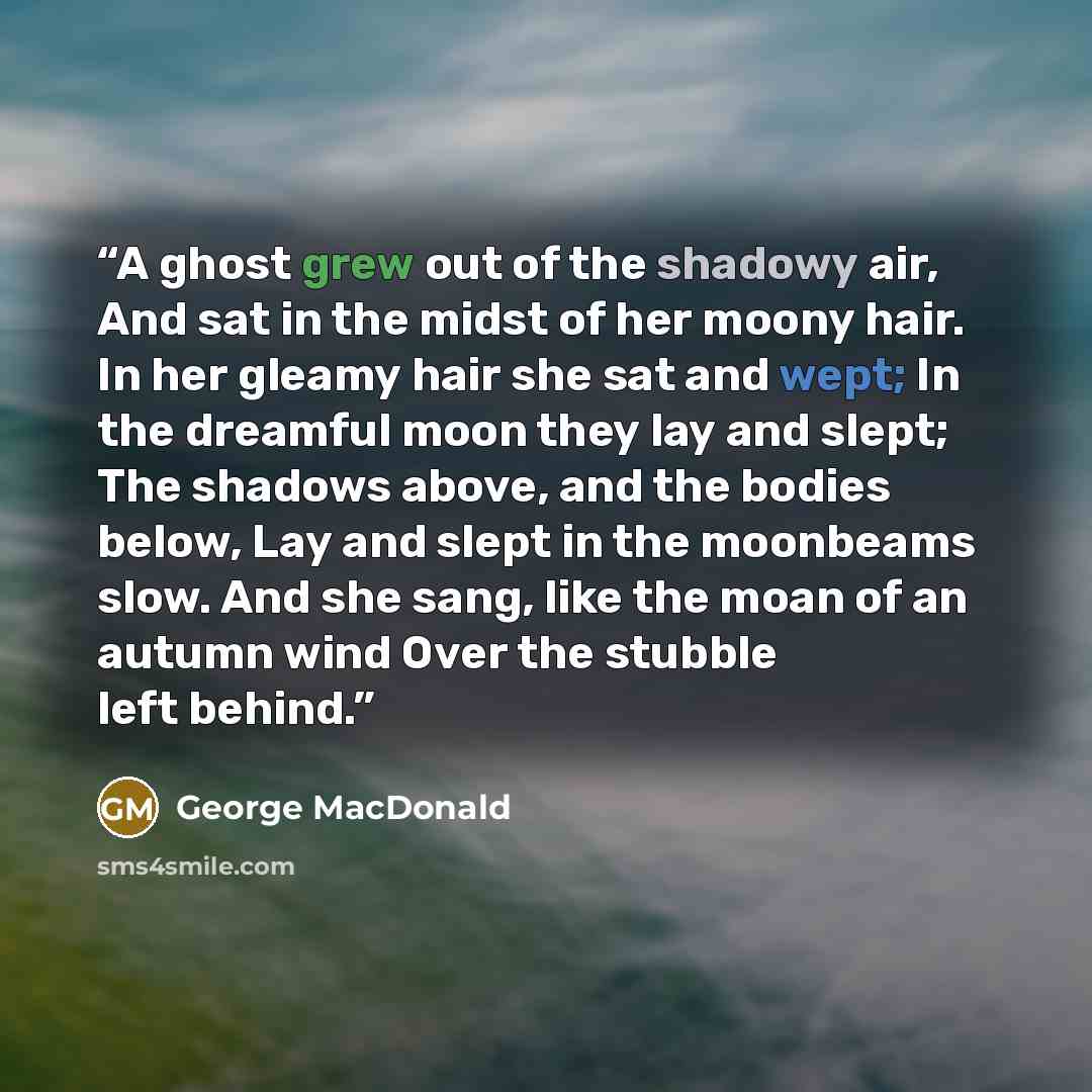 “A ghost grew out of the shadowy air, And sat in the midst of her moony hair. In her gleamy hair she sat and wept; In the dreamful moon they lay and slept; The shadows above, and the bodies below, Lay and slept in the moonbeams slow. And she sang, like the moan of an autumn wind Over the stubble…” quote by George MacDonald