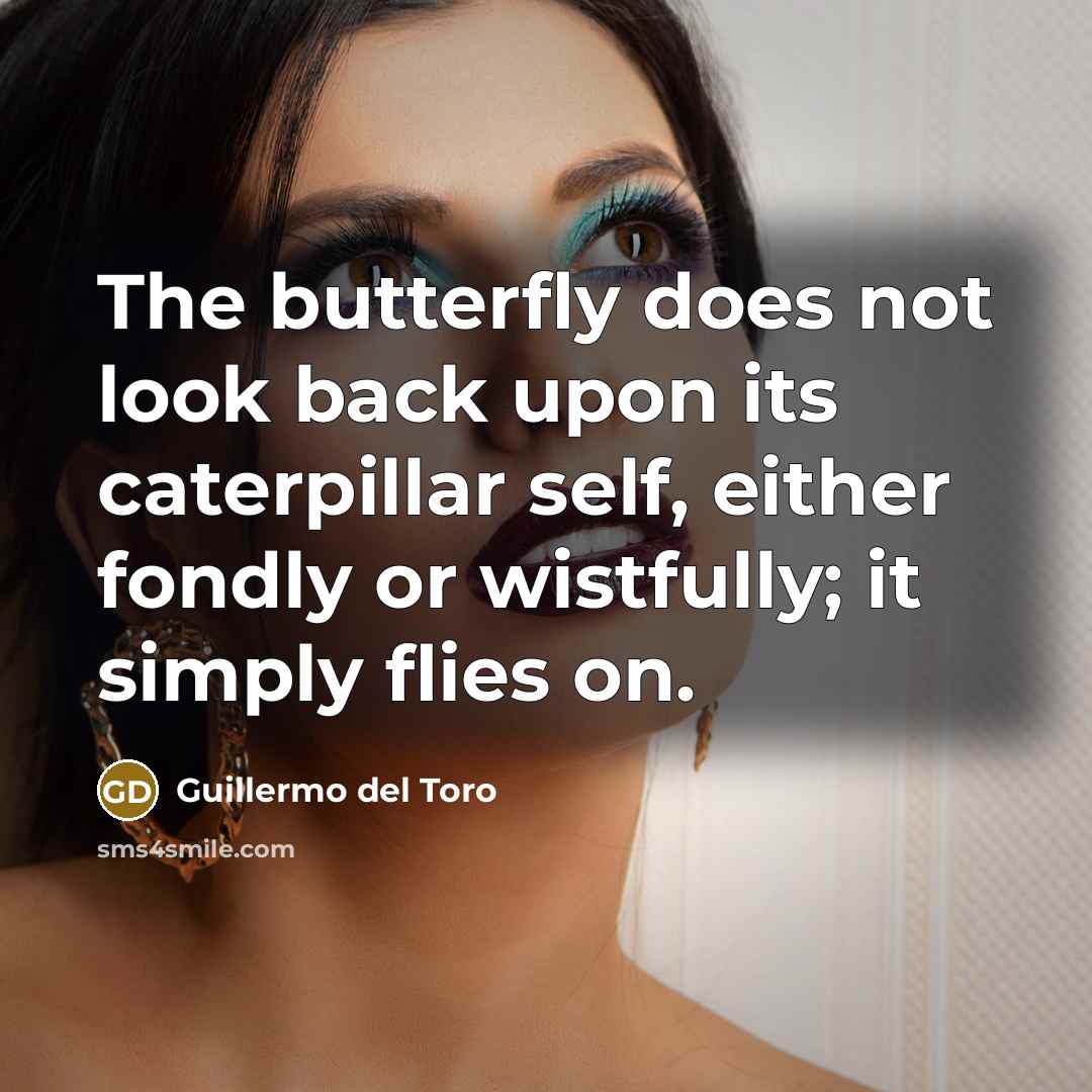 “The butterfly does not look back upon its caterpillar self,…” quote by Guillermo del Toro