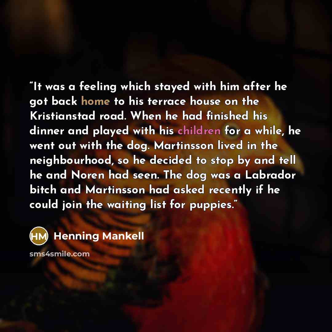 “It was a feeling which stayed with him after he got back home to his terrace house on the Kristianstad road. When he had finished his dinner and played with his children for a while, he went out with the dog. Martinsson lived in the neighbourhood, so he decided to stop by and tell he and Noren had…” quote by Henning Mankell