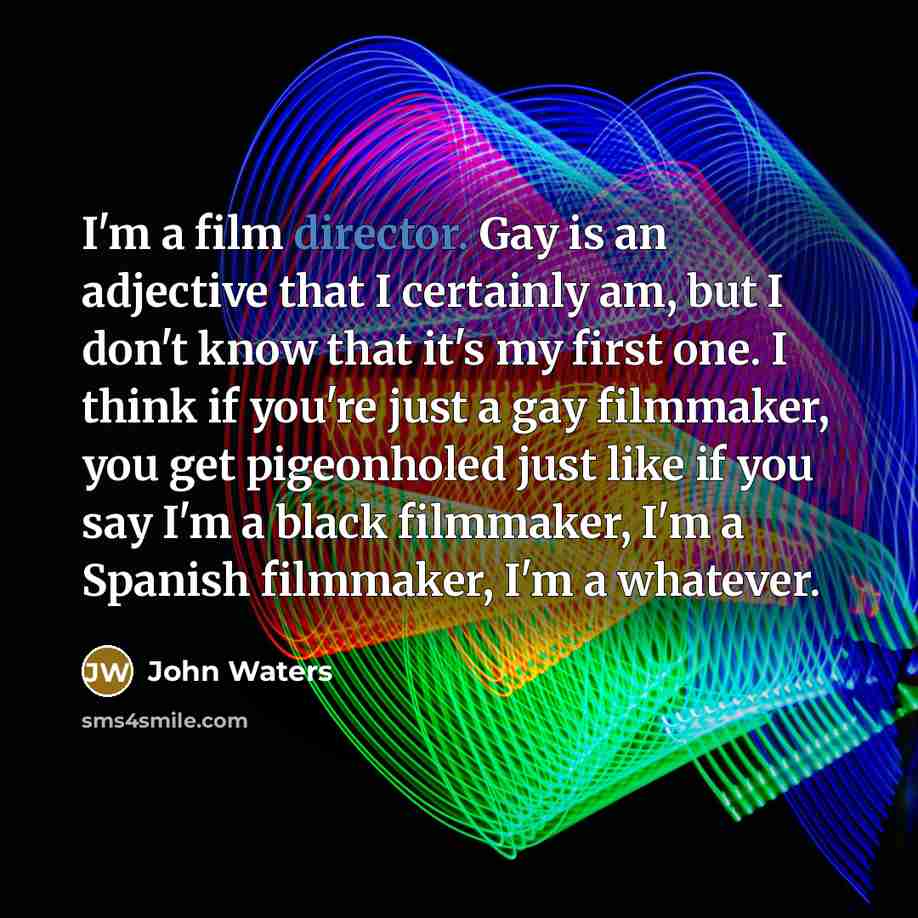 “I'm a film director. Gay is an adjective that I certainly am, but I don't know that it's my first one. I think if you're just a gay filmmaker, you get pigeonholed just like if you say I'm a black filmmaker, I'm a Spanish filmmaker, I'm a whatever.” quote by John Waters