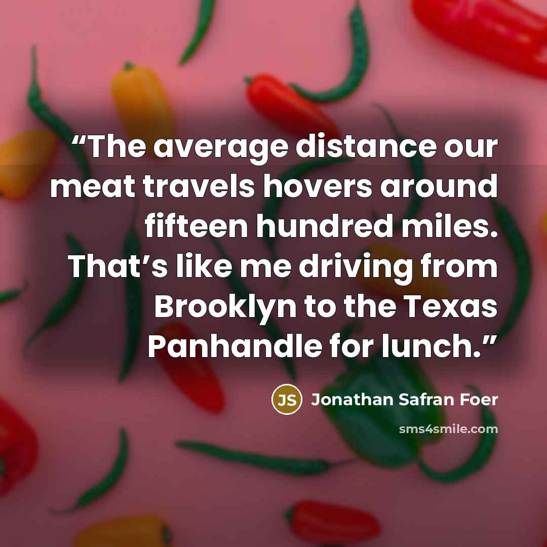“The average distance our meat travels hovers around fifteen hundred miles. That’s like me driving from Brooklyn to the Texas Panhandle for lunch.” quote by Jonathan Safran Foer