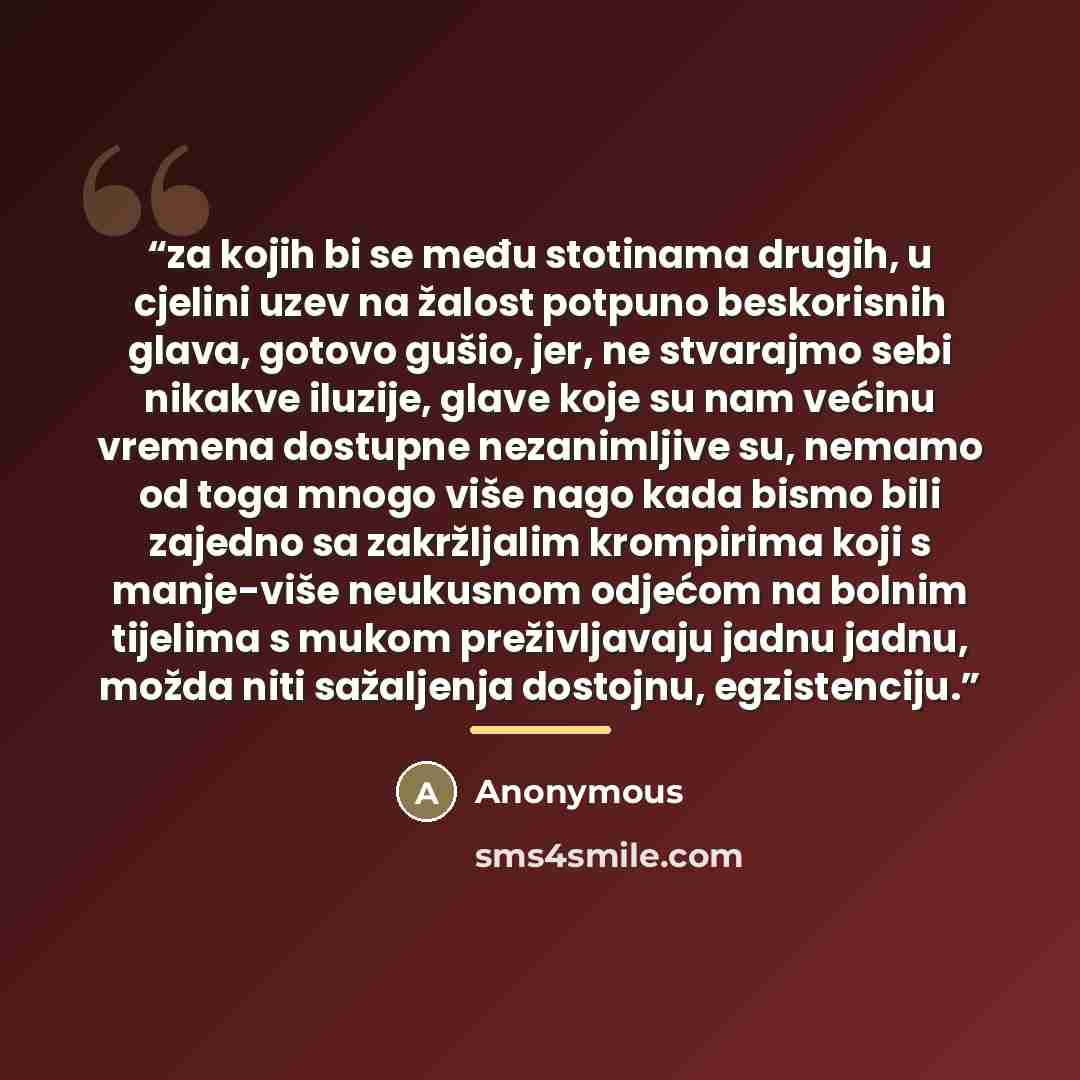 “za kojih bi se među stotinama drugih, u cjelini uzev na žalost potpuno beskorisnih glava, gotovo gušio, jer, ne stvarajmo sebi nikakve iluzije, glave koje su nam većinu vremena dostupne nezanimljive su, nemamo od toga mnogo više nago kada bismo bili zajedno sa zakržljalim krompirima koji s…” quote by Anonymous