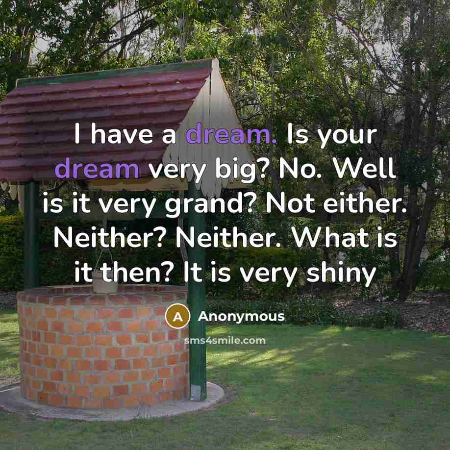 “I have a dream. Is your dream very big? No. Well is it very grand? Not either. Neither? Neither. What is it then? It is very shiny” quote by Anonymous