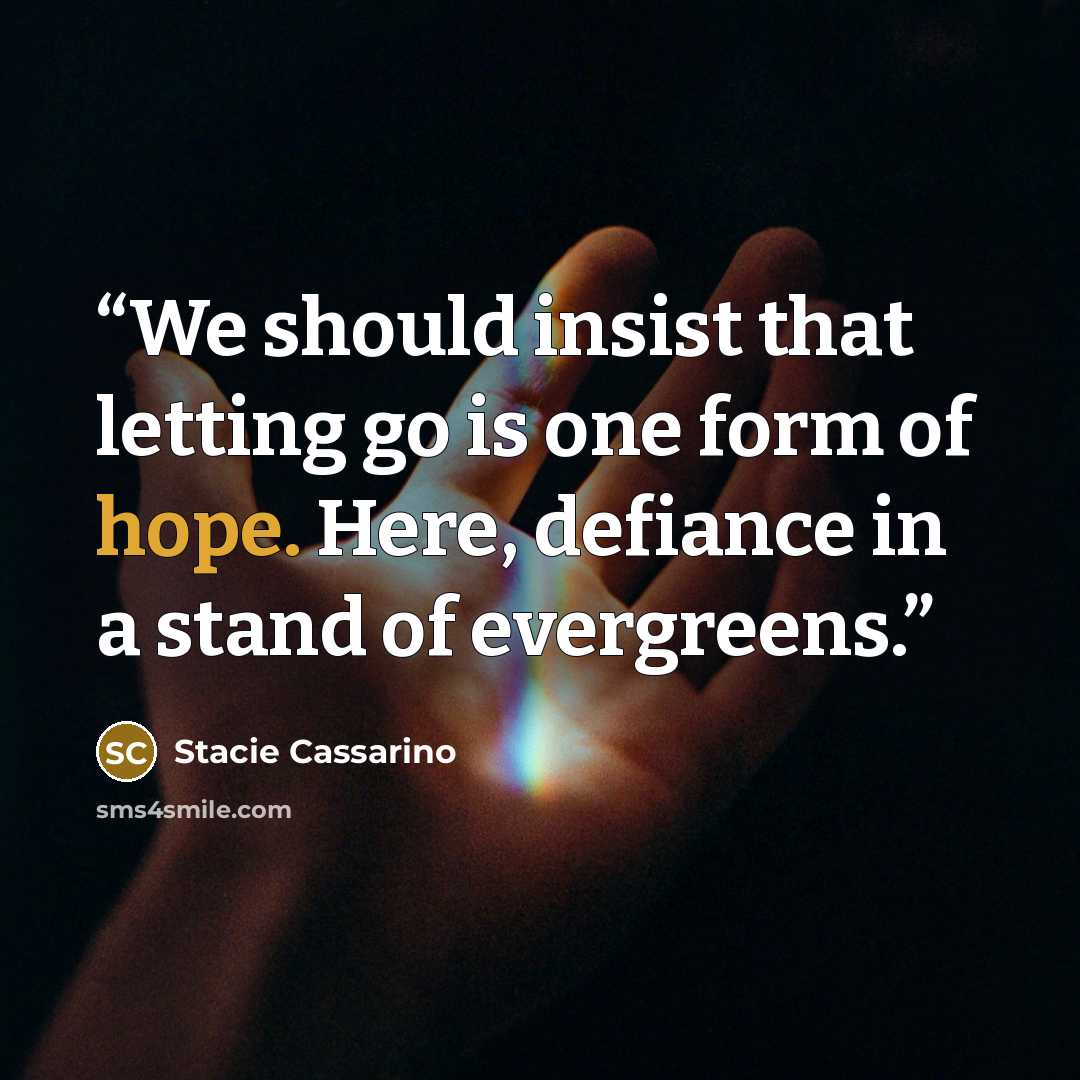 “We should insist that letting go is one form of hope. Here, defiance in a stand of evergreens.” quote by Stacie Cassarino