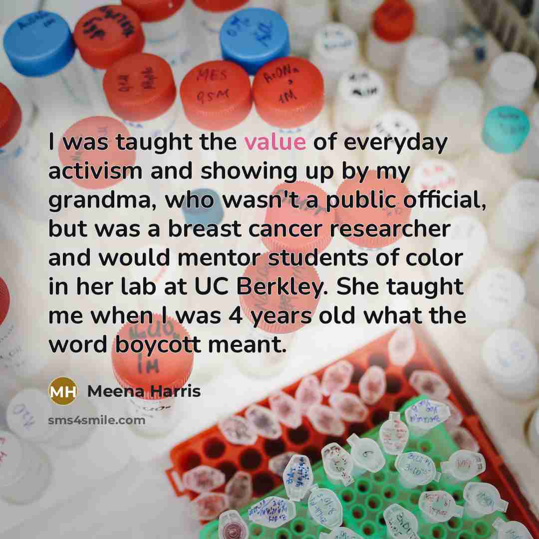 “I was taught the value of everyday activism and showing up by my grandma, who wasn't a public official, but was a breast cancer researcher and would mentor students of color in her lab at UC Berkley. She taught me when I was 4 years old what the word boycott meant.” quote by Meena Harris
