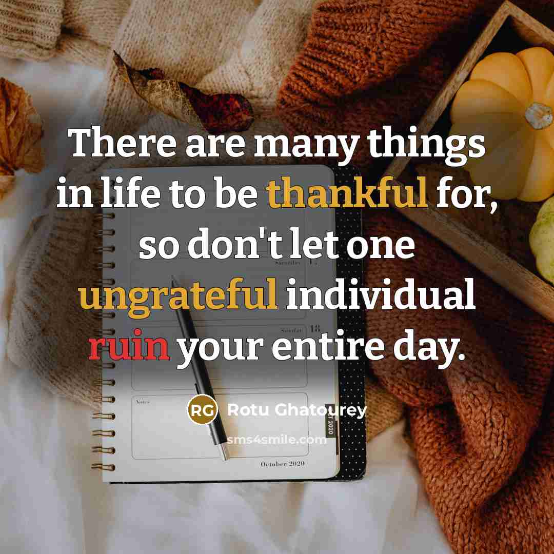 “There are many things in life to be thankful for, so don't let one ungrateful individual ruin your entire day.” quote by Rotu Ghatourey