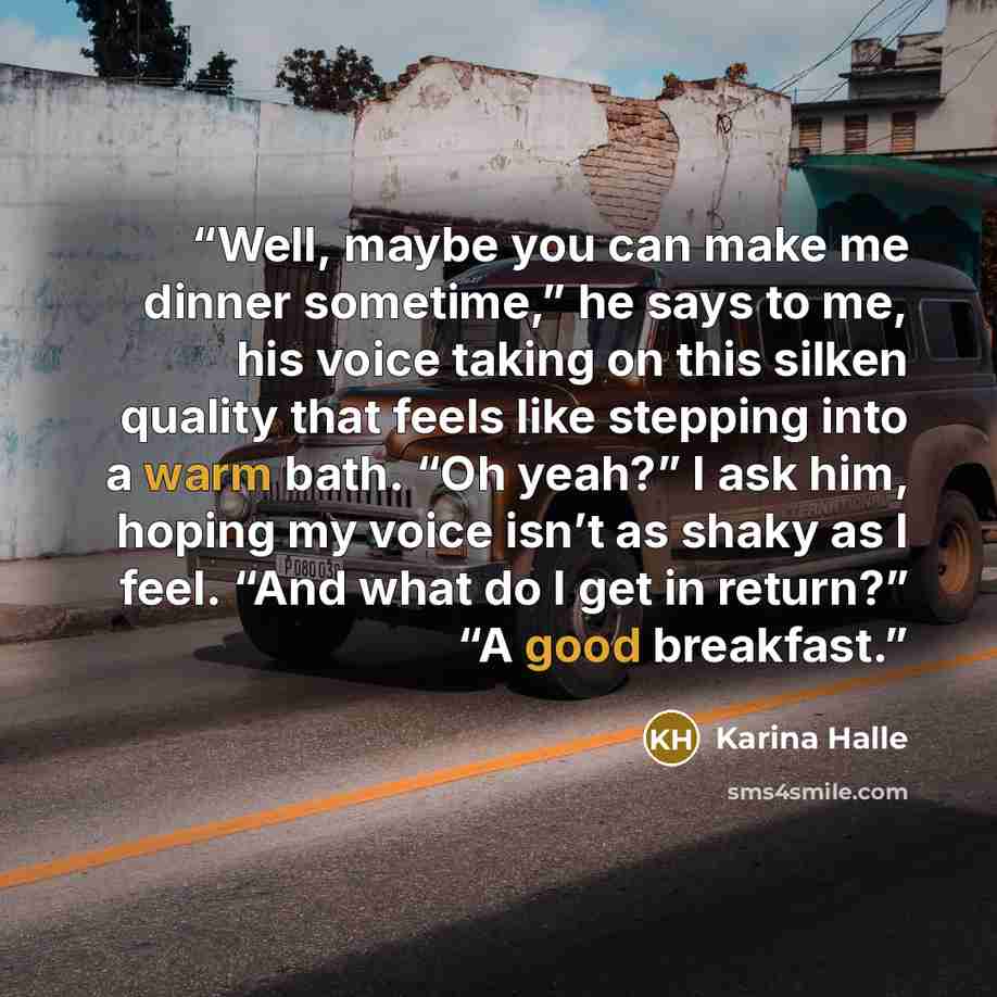 “Well, maybe you can make me dinner sometime,” he says to me, his voice taking on this silken quality that feels like stepping into a warm bath. “Oh yeah?” I ask him, hoping my voice isn’t as shaky as I feel. “And what do I get in return?” “A good breakfast.” quote by Karina Halle