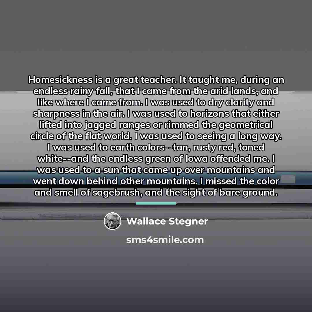 “Homesickness is a great teacher. It taught me, during an…” quote by Wallace Stegner