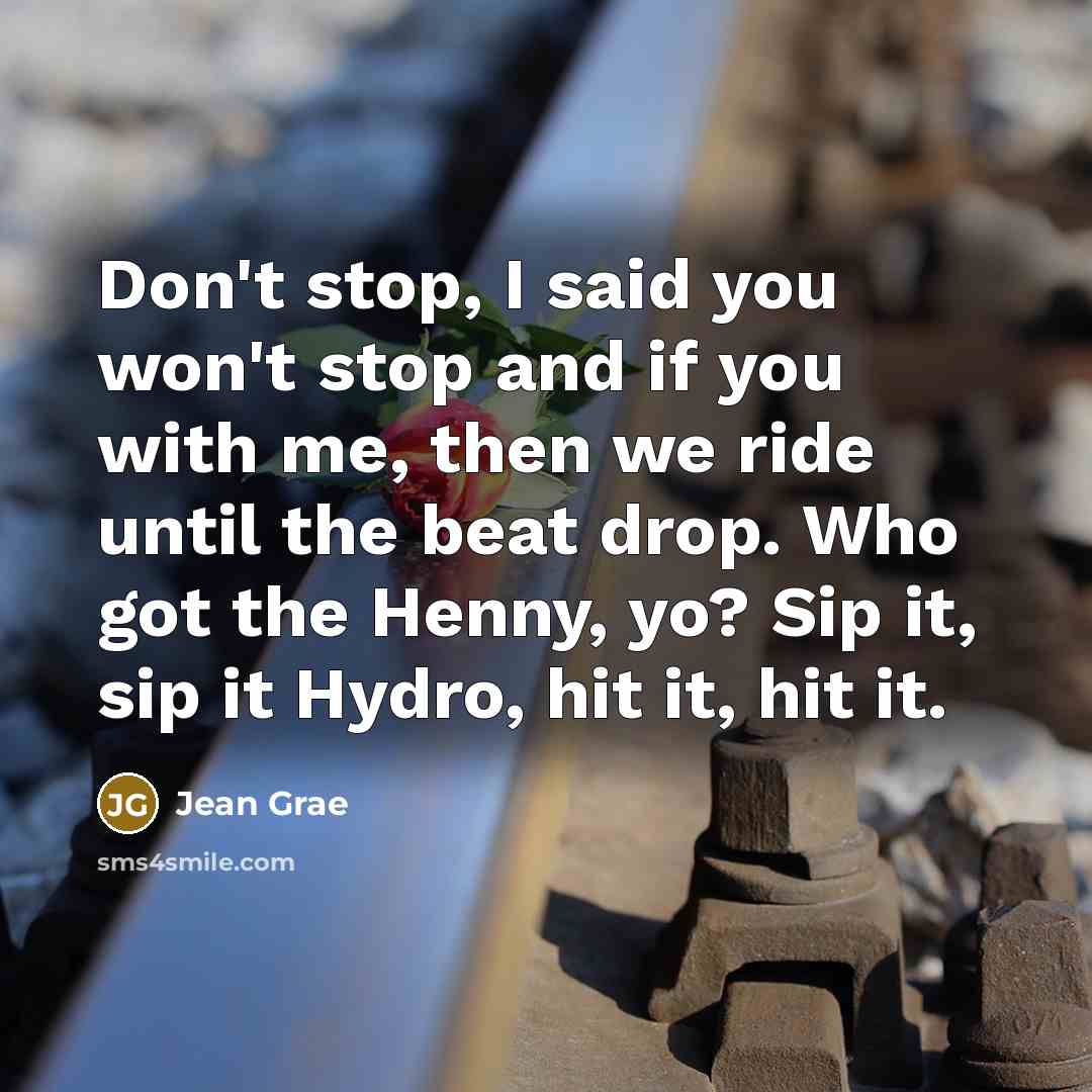 “Don't stop, I said you won't stop and if you with me, then we ride until the beat drop. Who got the Henny, yo? Sip it, sip it Hydro, hit it, hit it.” quote by Jean Grae