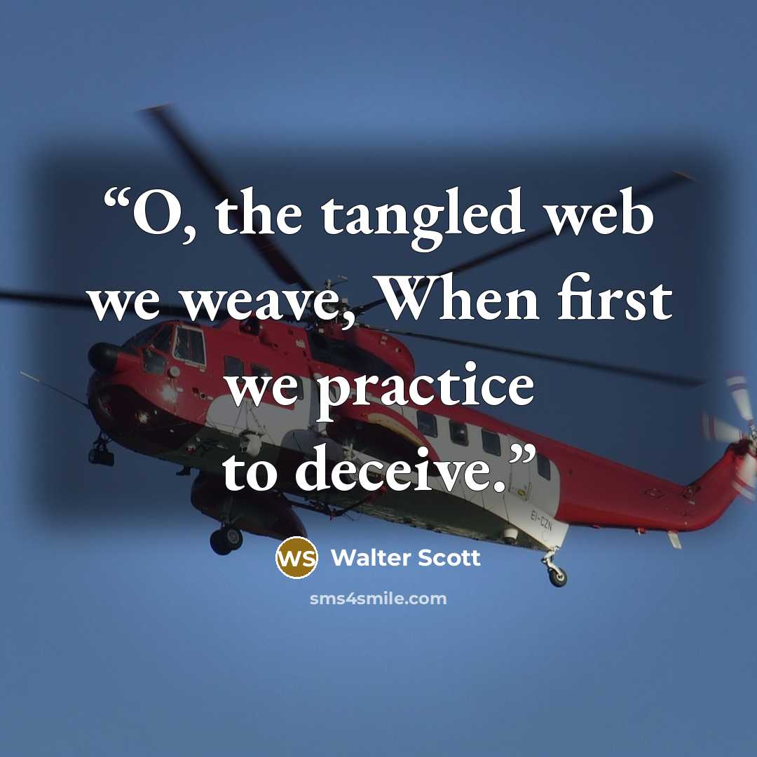 “O, the tangled web we weave, When first we practice to deceive.” quote by walter Scott