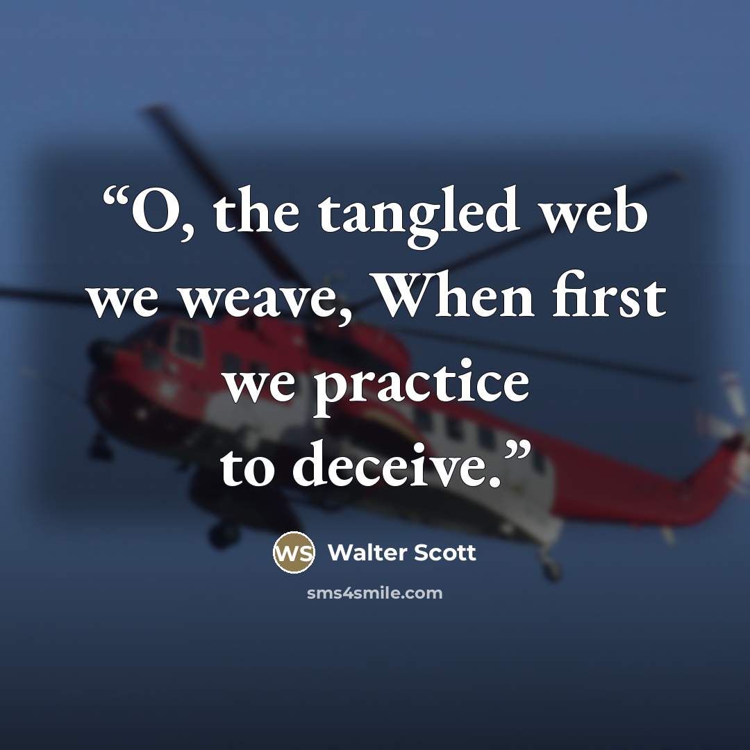 “O, the tangled web we weave, When first we practice to deceive.” quote by walter Scott