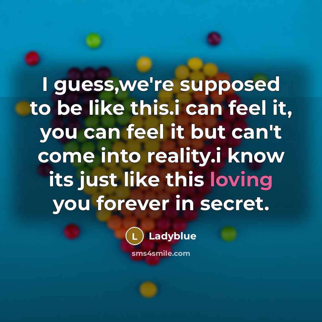 “I guess,we're supposed to be like this.i can feel it, you can feel it but can't come into reality.i know its just like this loving you forever in secret.” quote by Ladyblue