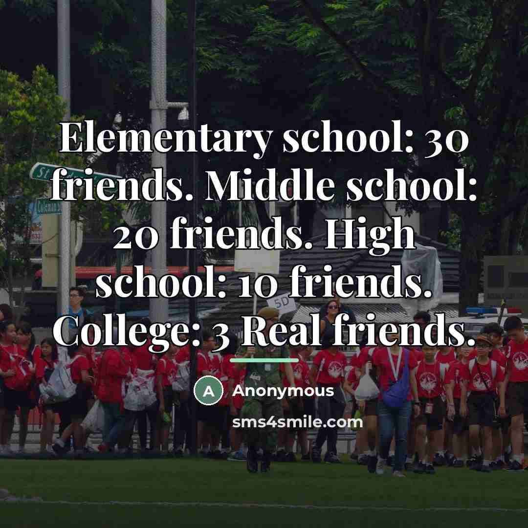 “Elementary school: 30 friends. Middle school: 20 friends. High school:…” quote by Anonymous